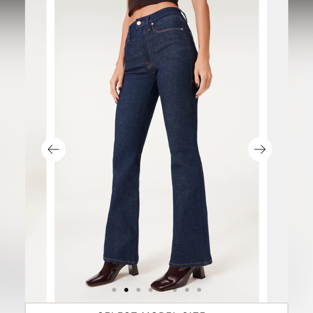 Good American Always Fits classic bootcut, dark blue wash denim